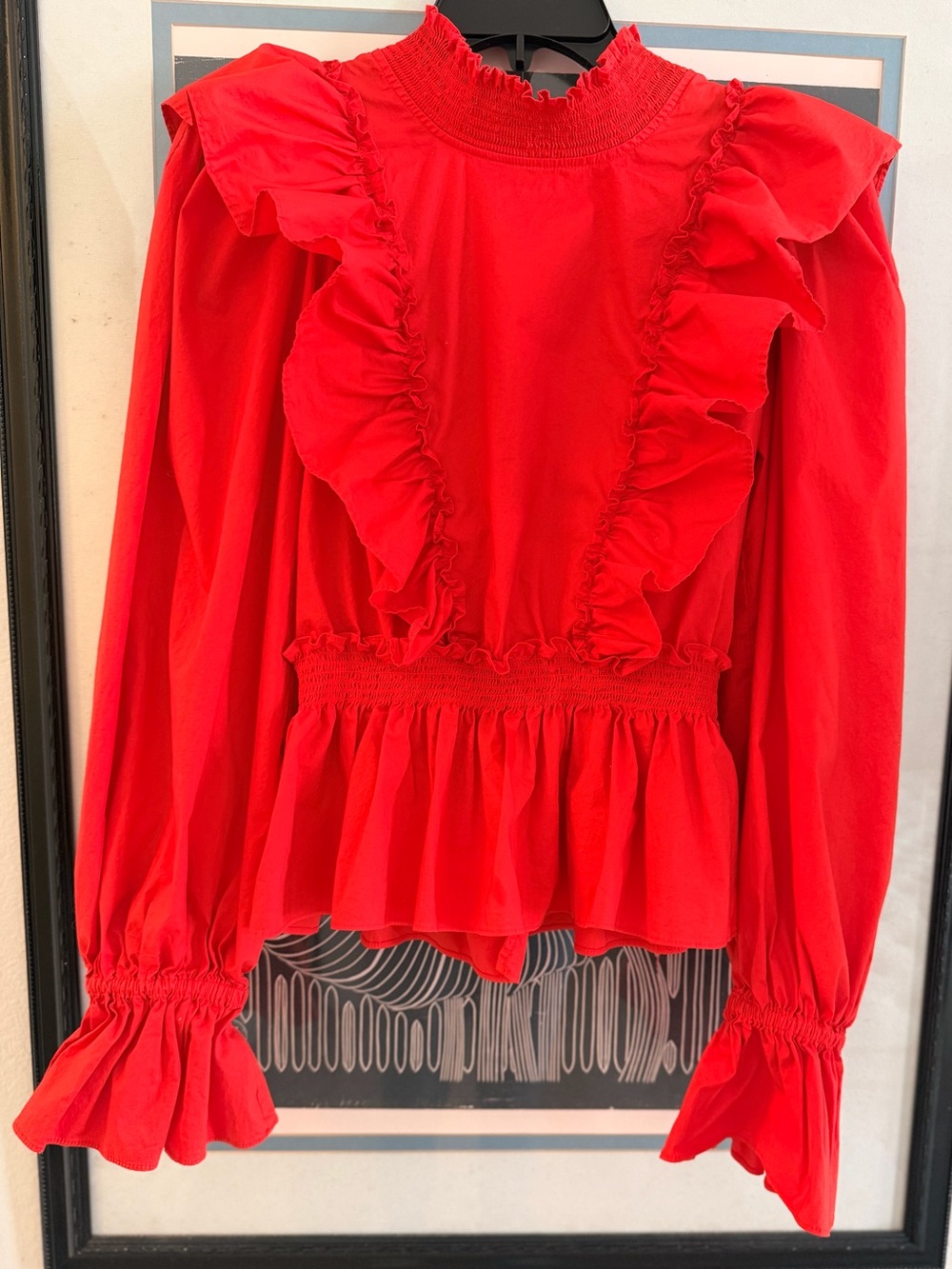 Sea New York Gaia Ruffle Long Sleeve Blouse Open Tie Back Scarlet Red, Size 8